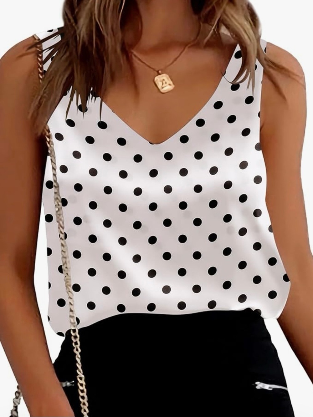 Polka Dot V-Neck Camisole - White with Black Dots